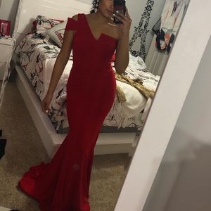 Betsy Adam red prom dress